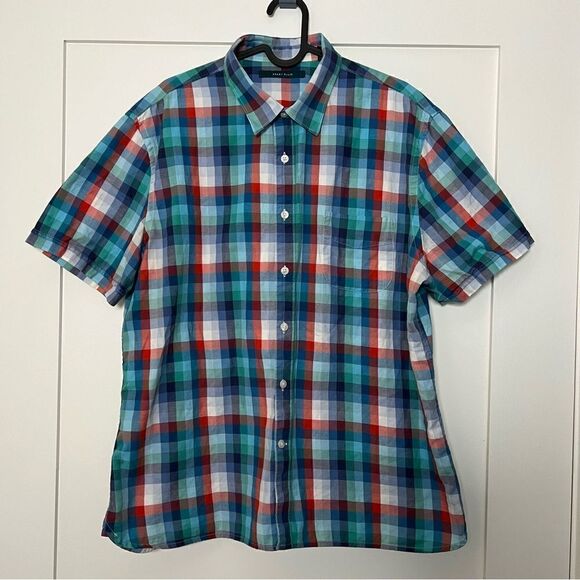 Perry Ellis Mens Shirt Size XL Blue Green Plaid Short Sleeve Button Up Cotton - Picture 1 of 12